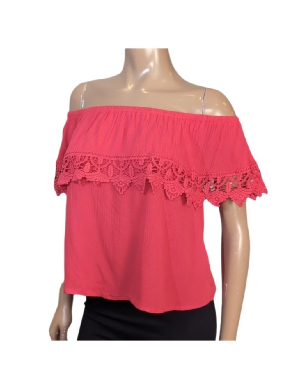 U2B Off Shoulder Boho Top Womens Size Large Coral Orange Bardot Crochet Lace